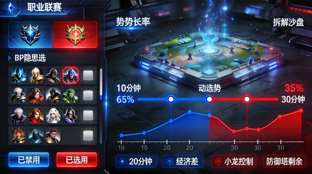 职业联赛BP禁选界面与局势胜率走势动态拆解沙盘画面